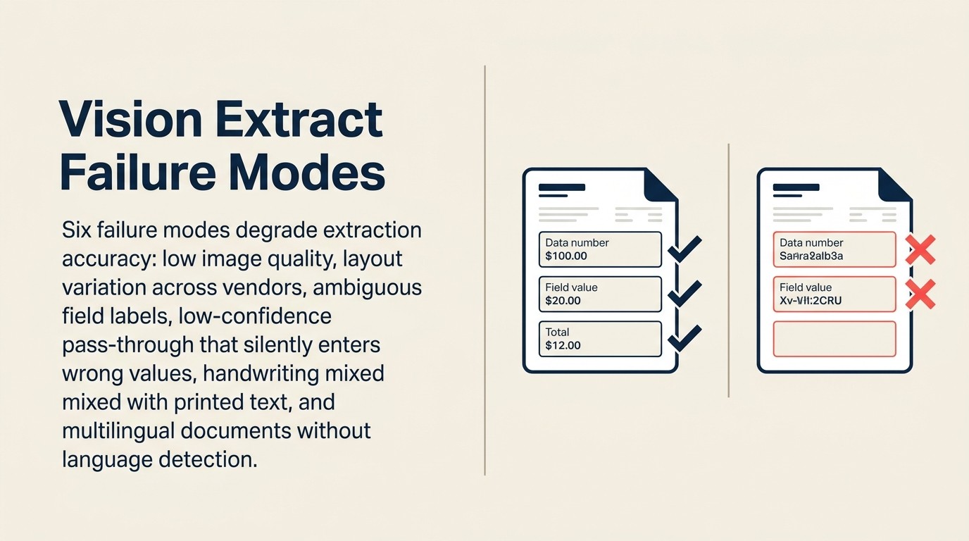 Vision Extract failure modes: low image quality, layout variation, ambiguous fields, low-confidence pass-through, handwriting mixed with print, and multilingual documents