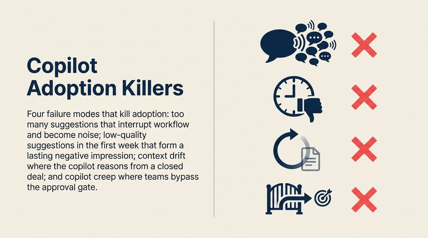 Workflow Copilot failure modes: too many suggestions kill flow, low-quality early suggestions erode trust, context drift, and copilot creep bypassing the approval gate