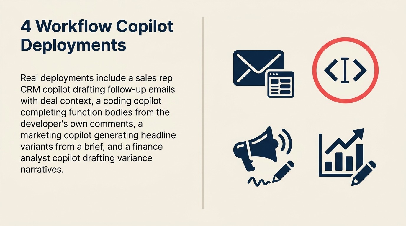 Four Workflow Copilot examples: sales rep CRM copilot, coding copilot, marketing headline copilot, and finance analyst query and narrative copilot