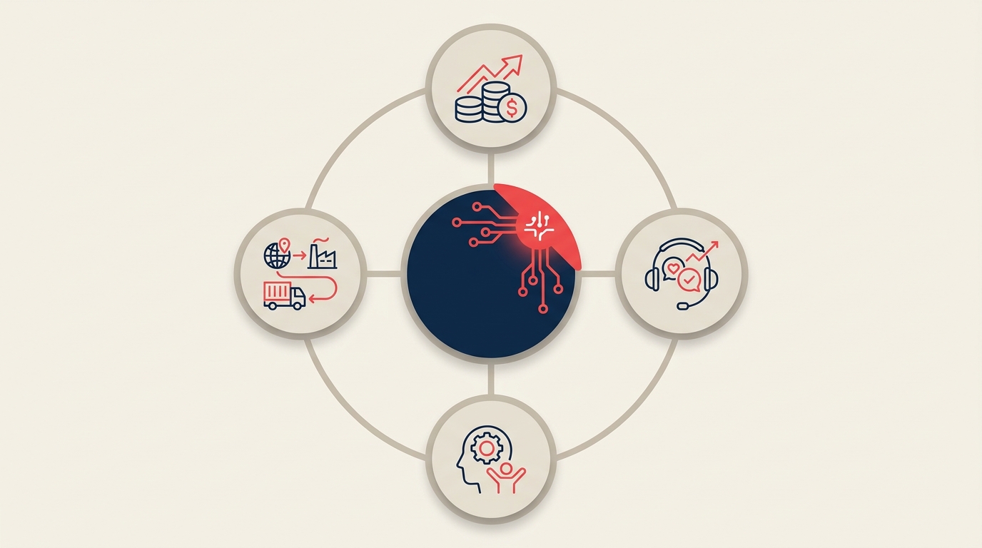 Herramientas de AI para operaciones empresariales mostrando despliegue en funciones de finanzas, HR, supply chain y customer operations