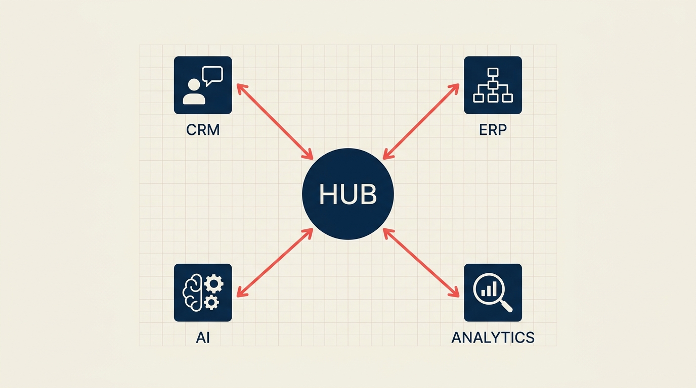 CRM、ERP、AIツール間のデータフローを示すAPI連携ダイアグラム