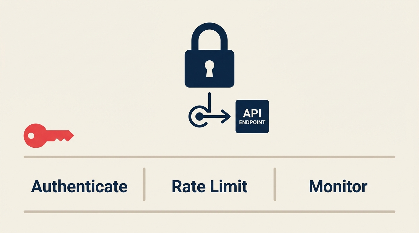 Seni bina keselamatan API dengan lapisan pengesahan, kebenaran, rate limiting, dan pemantauan