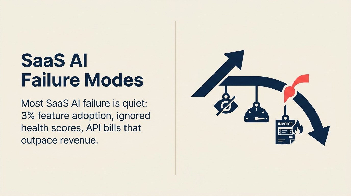 Six SaaS AI failure modes illustrated with warning indicators