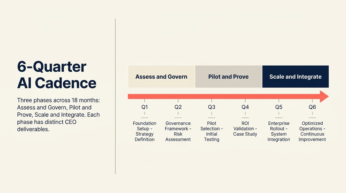 The 6-Quarter AI Cadence framework for sequencing CEO-led AI transformation across 18 months