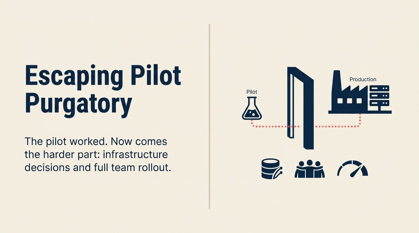 Stage 2 to Stage 3 AI maturity transition showing the path from pilot to scaled production deployment