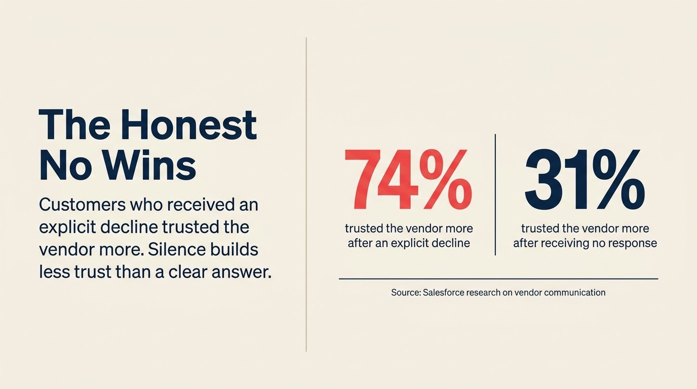 Trust comparison: 74% trust with honest decline vs 31% with no response
