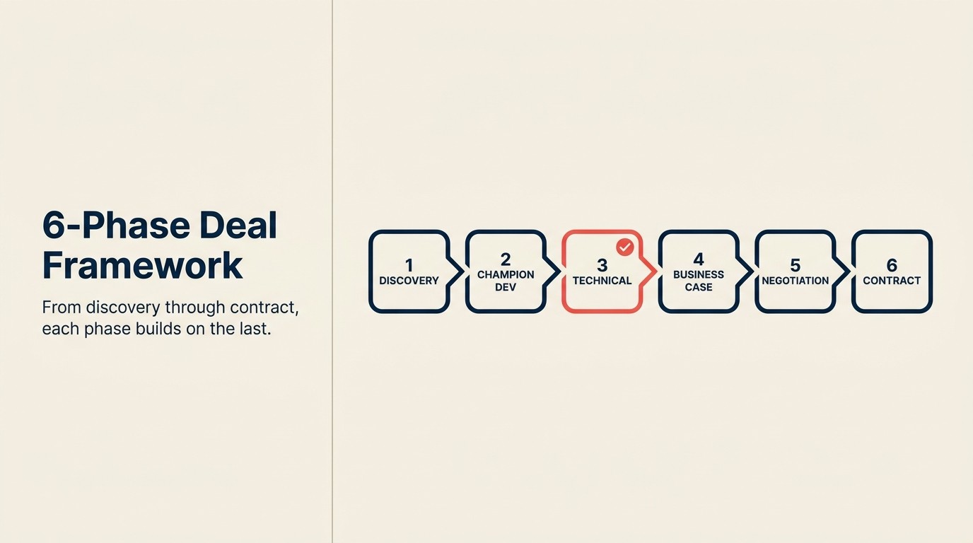 Six-phase enterprise deal framework: discovery, champion development, technical validation, business case, negotiation, and contract closing