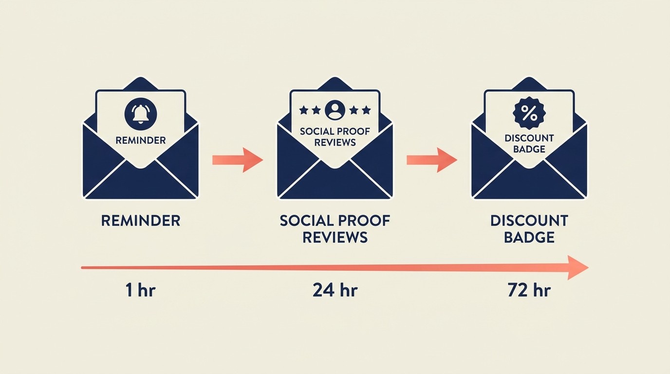 Three-email cart recovery sequence timed at 1 hour, 24 hours, and 72 hours