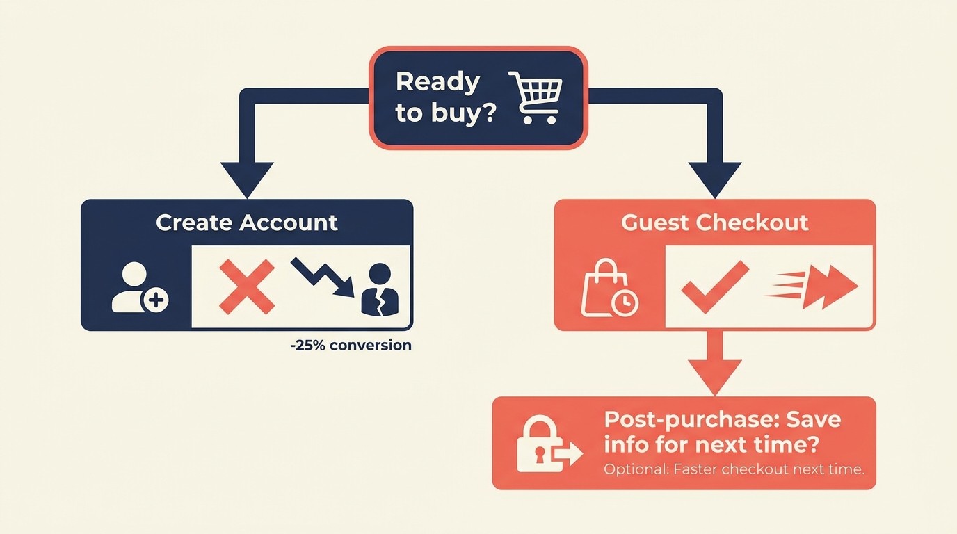 Guest checkout default flow with optional post-purchase account creation messaging