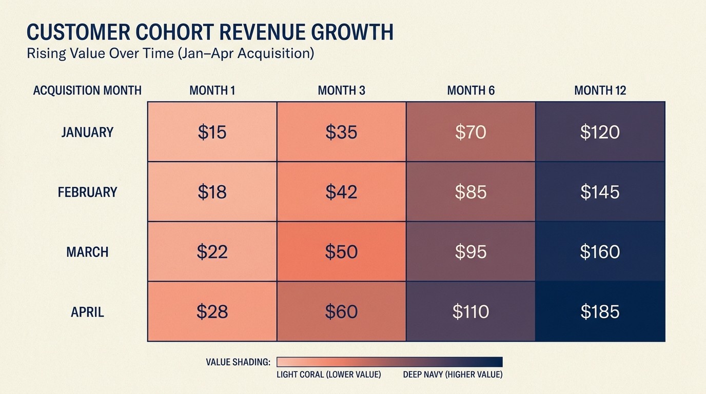Cohort analysis chart tracking LTV progression across monthly customer cohorts over time