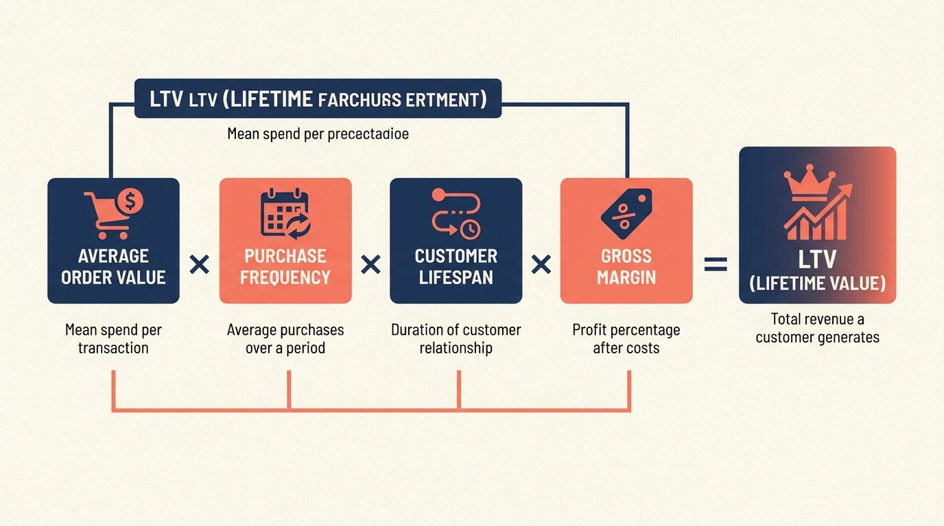 LTV formula breakdown showing AOV times purchase frequency times lifespan times gross margin