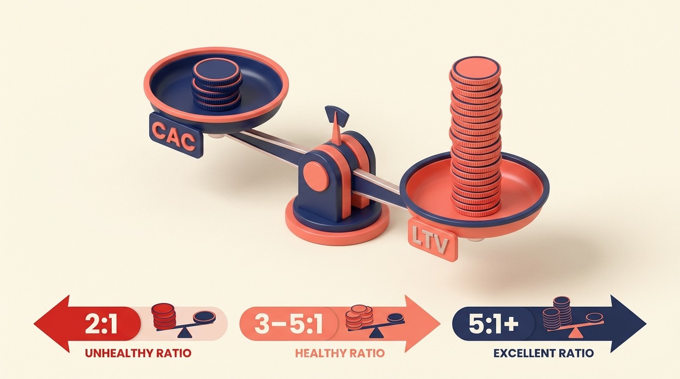 LTV to CAC ratio benchmarks showing 3:1 minimum viability and 5:1 excellent thresholds
