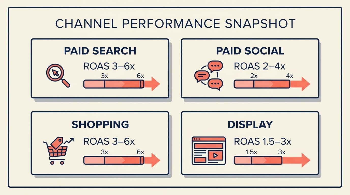 Paid acquisition channel comparison: ROAS, CPC, and contribution margin