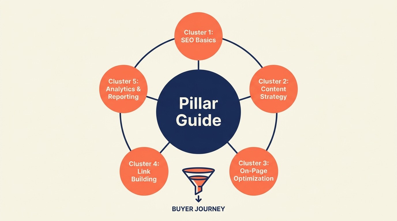 Topic cluster content strategy with pillar page and supporting articles