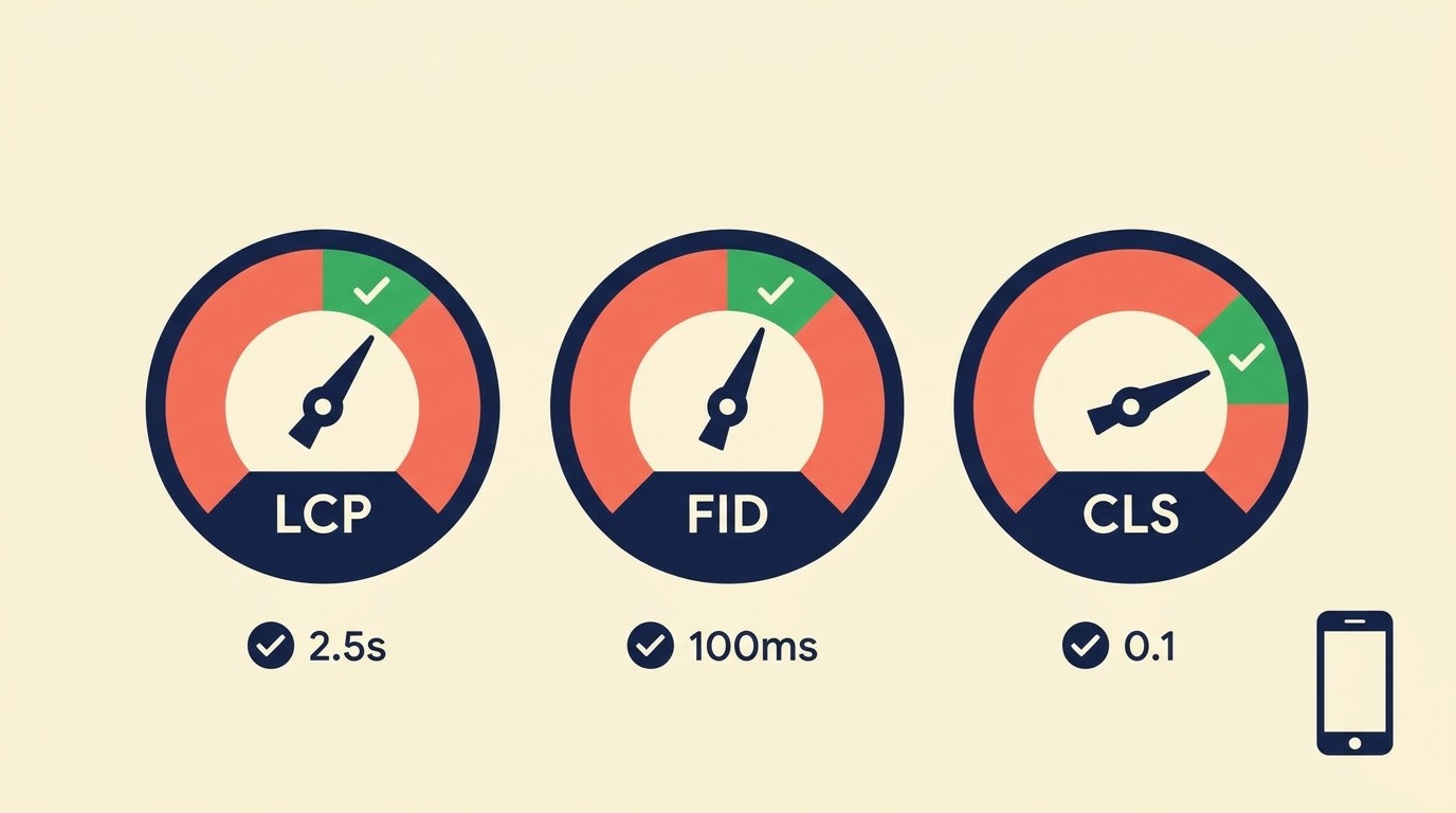 Core Web Vitals metrics dashboard showing LCP, FID, and CLS thresholds