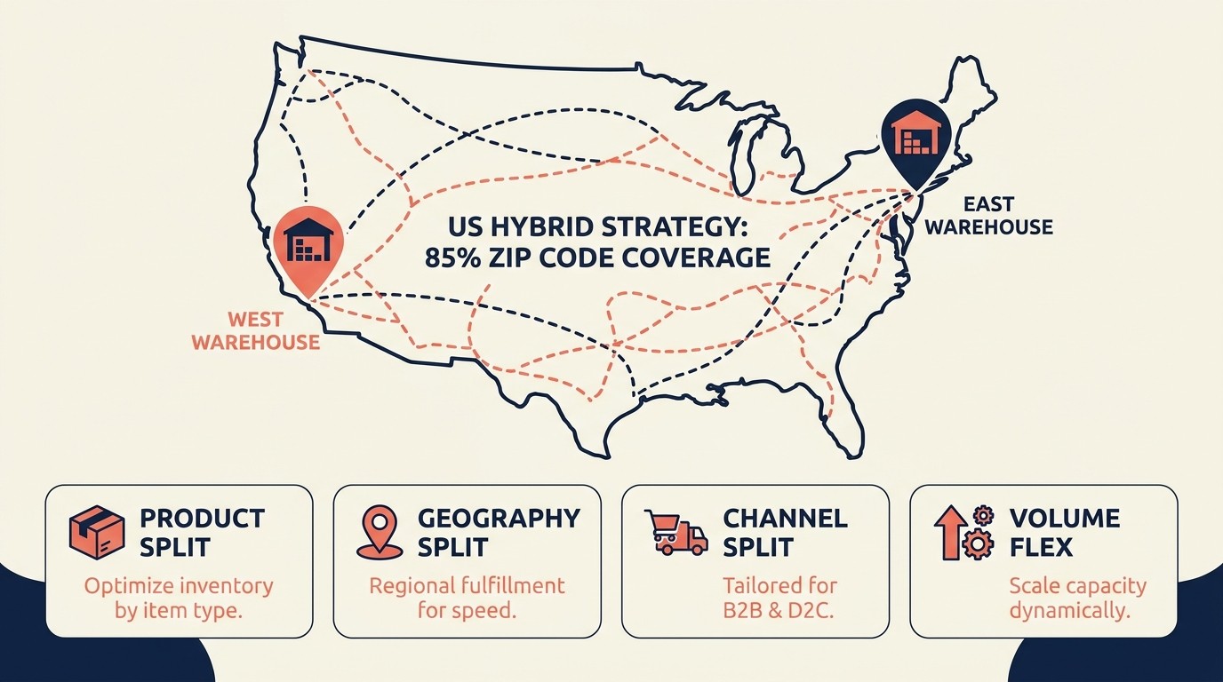 Hybrid fulfillment model combining in-house operations with 3PL across product geography and channel splits
