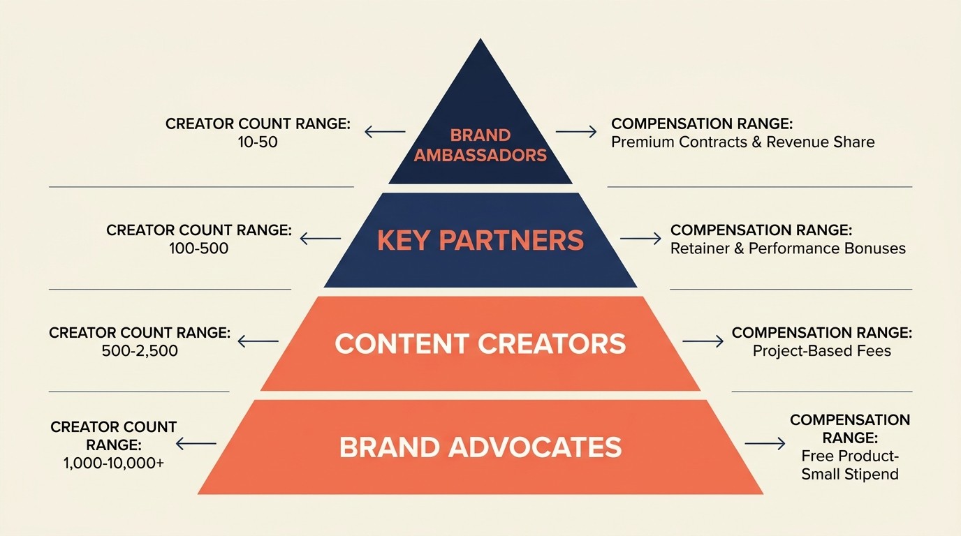 Four-tier influencer program structure from brand advocates to ambassadors for scaling