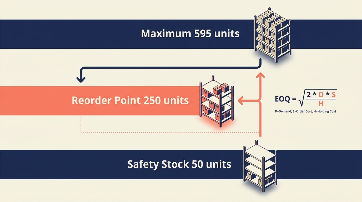 Stock level optimization with safety stock and EOQ calculations