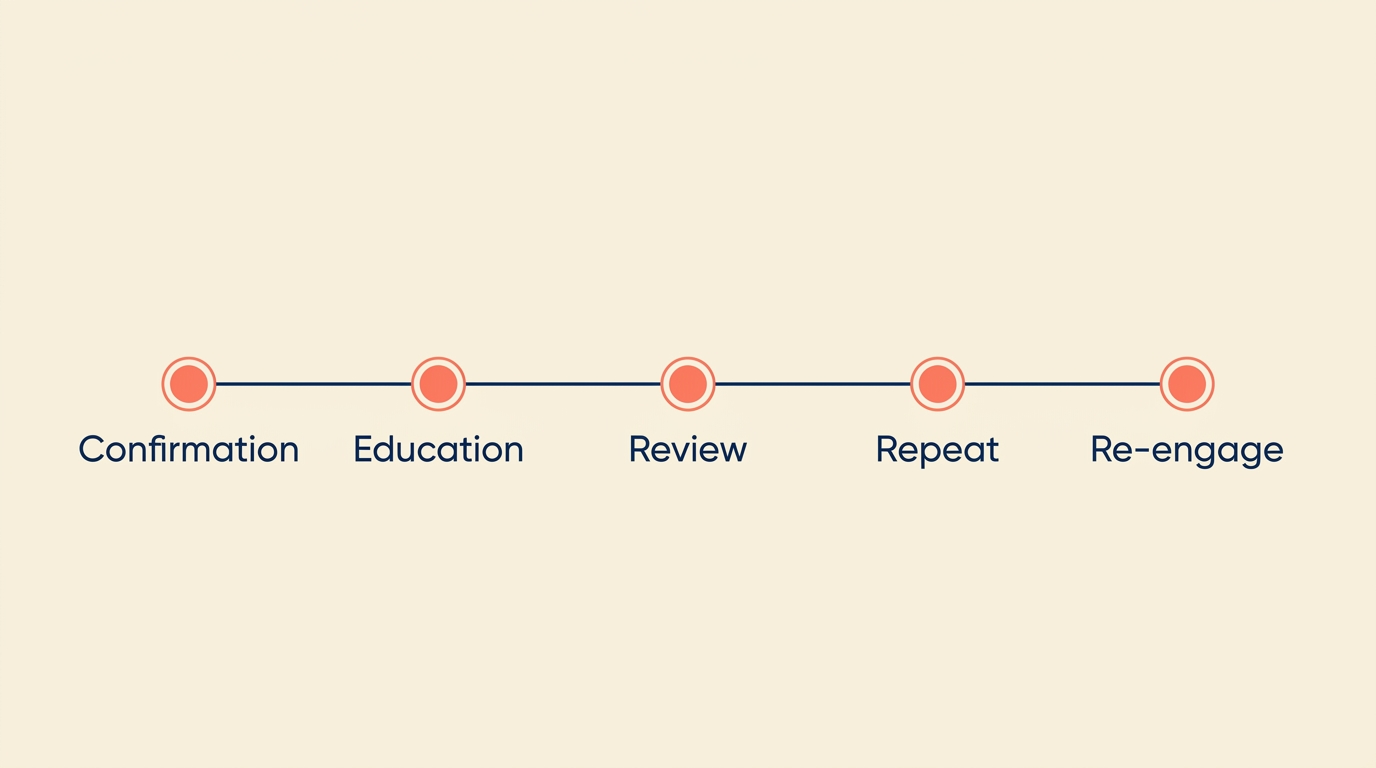 Post-purchase email journey timeline from order confirmation to long-term loyalty