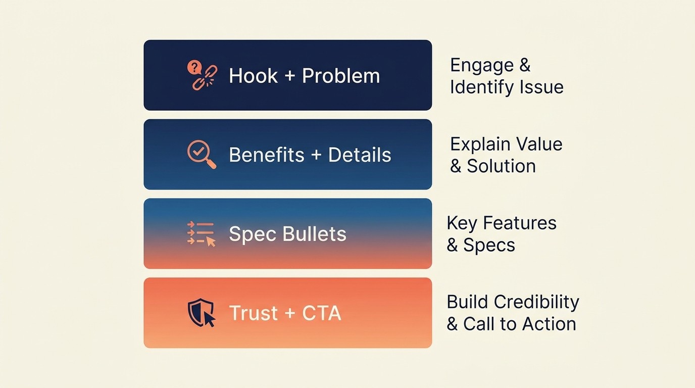 Four-part product description formula structure: hook, body, specs, CTA