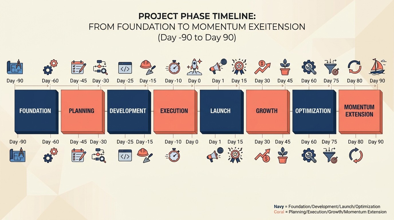 Complete 120-day launch timeline from foundation phase through momentum extension