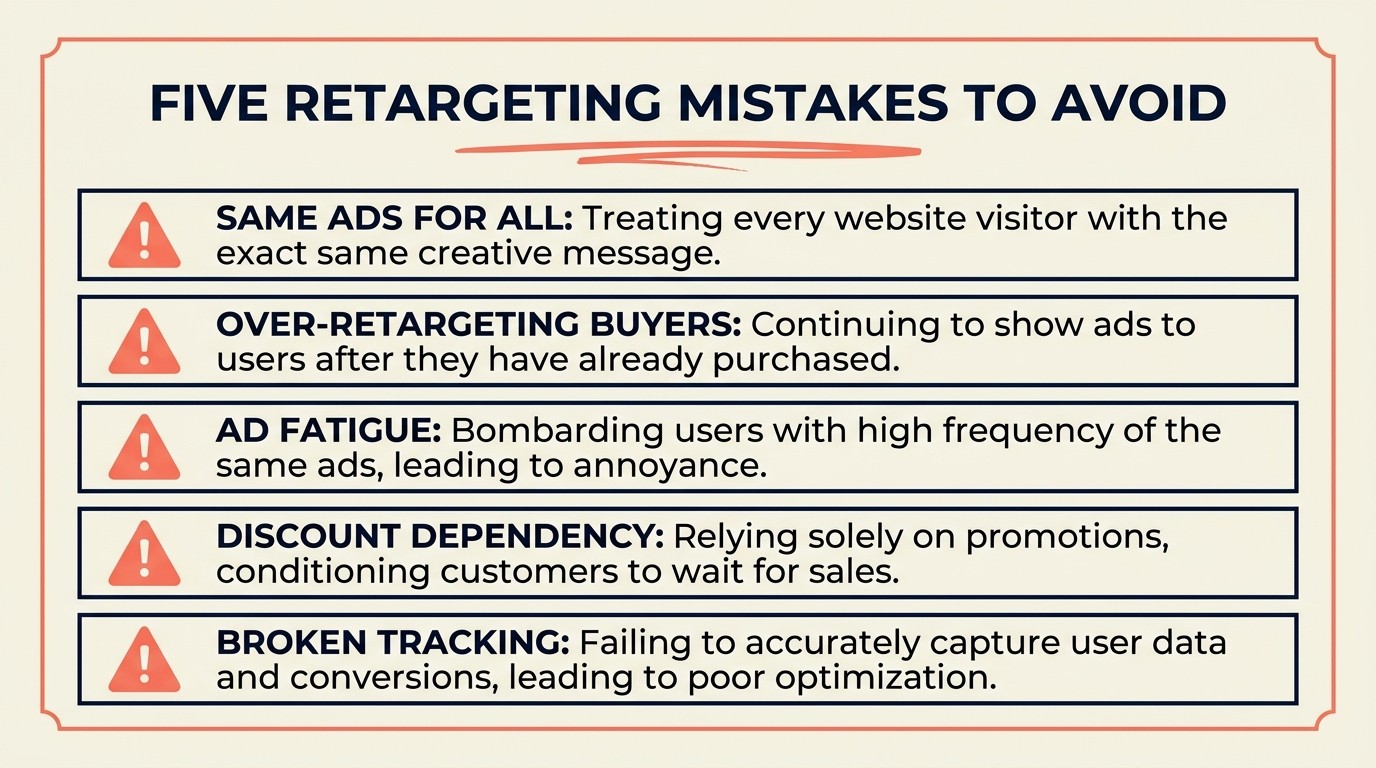 Five retargeting pitfalls: blanket targeting, over-frequency, ad fatigue, discount dependency, broken pixels
