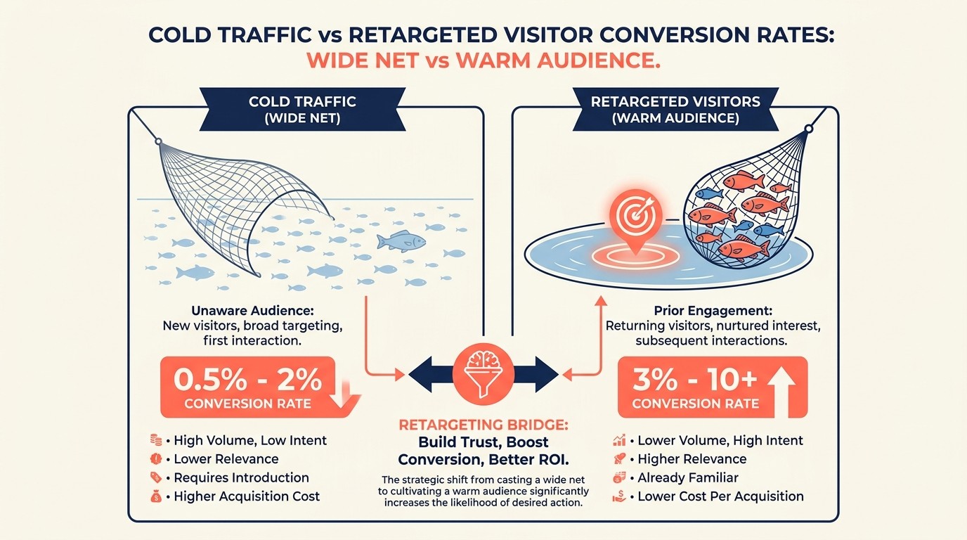 Retargeted visitors convert at 8x the rate of cold traffic with 50-70% lower CPA