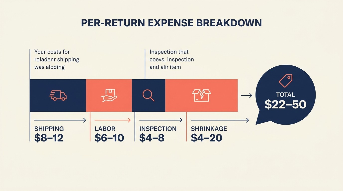 Breakdown of complete return cost components showing $22-50 per return across shipping, labor, inspection, and shrinkage