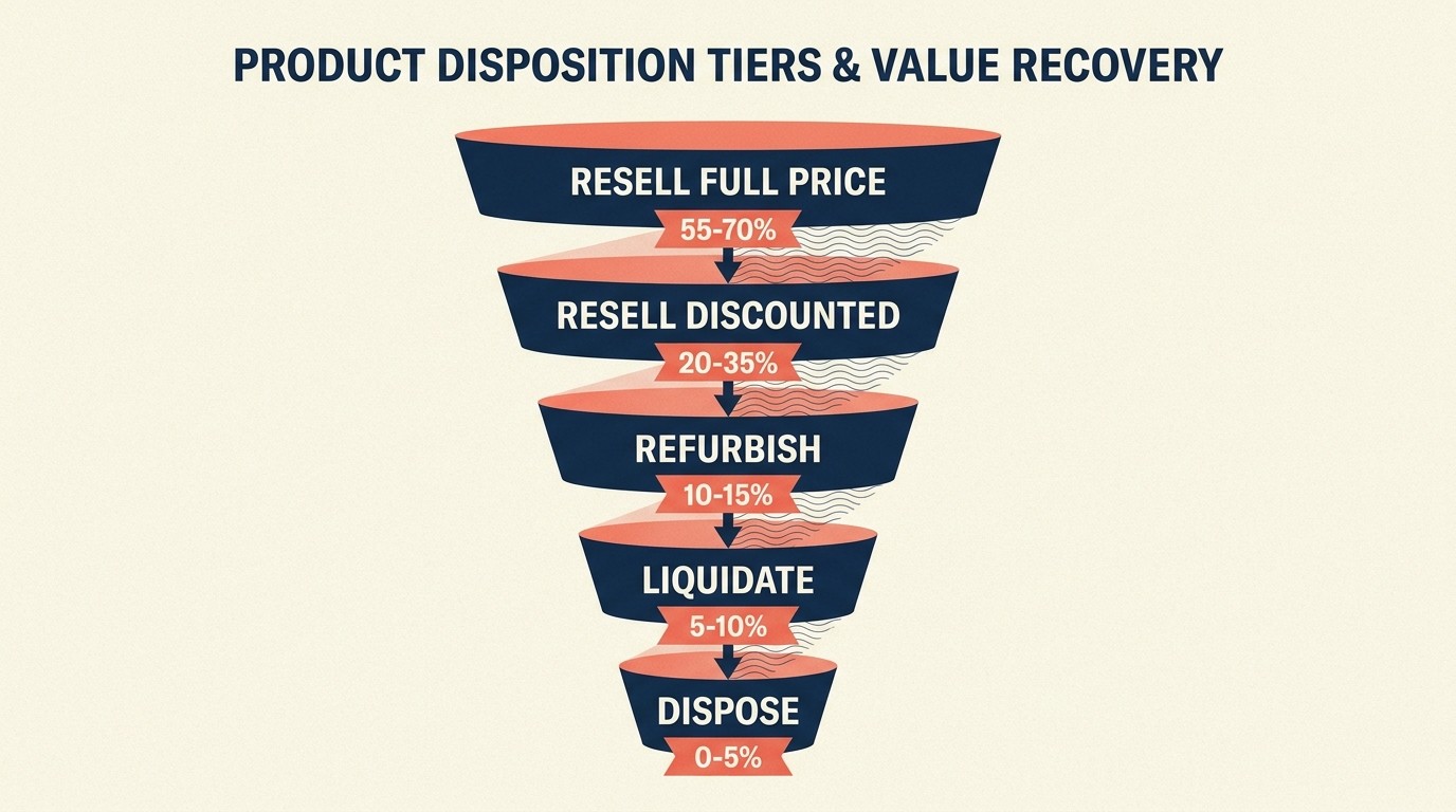 Six-step product inspection workflow from receipt through disposition decision with category-specific criteria