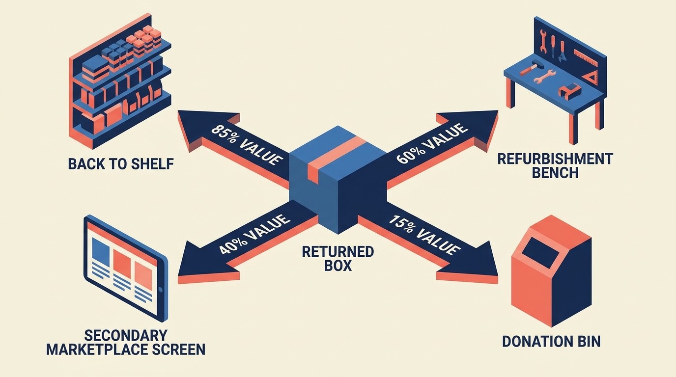 Five-tier disposition workflow recovering value through restock, refurbish, liquidation, flash sale, and donation channels