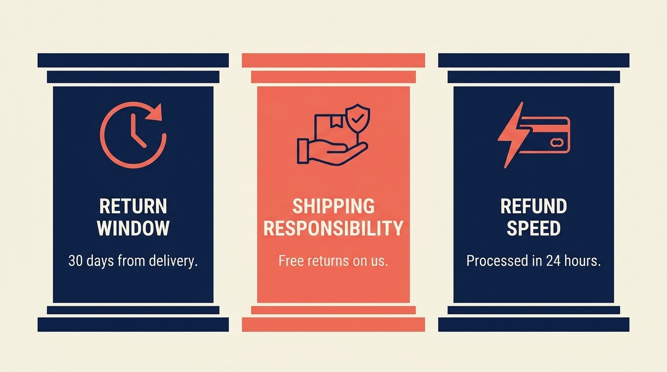 Core return policy elements covering window, condition, shipping responsibility, refund speed, and exception rules