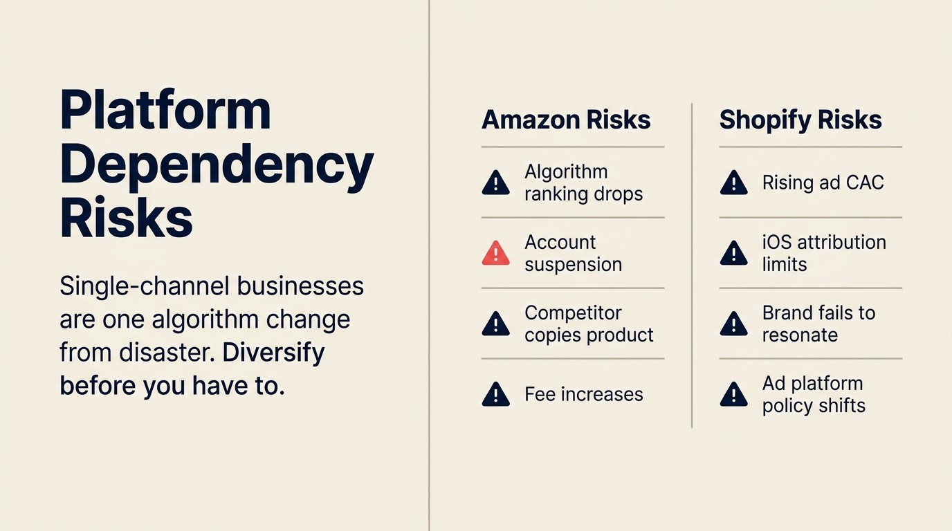 Platform dependency risk map showing Amazon algorithm, account suspension, and Shopify ad cost exposures