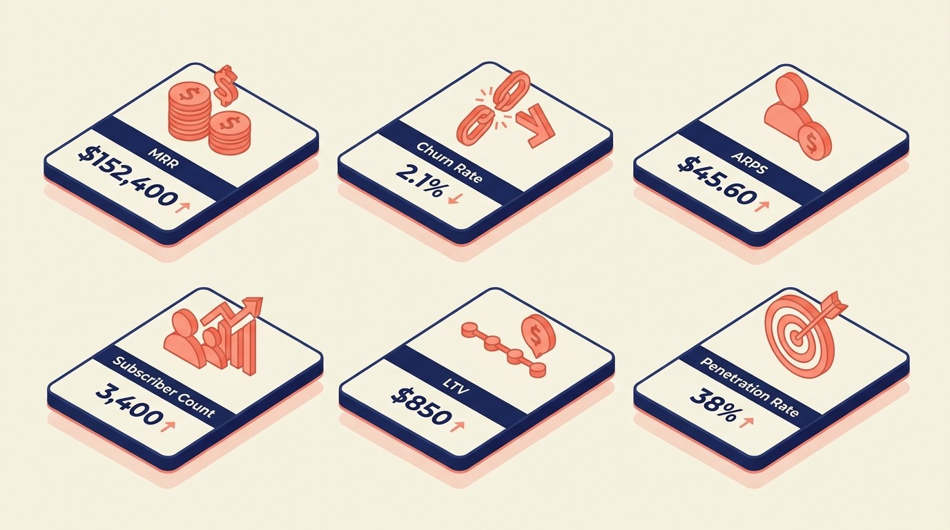 Essential subscription metrics dashboard tracking MRR churn rate ARPS and cohort retention over time
