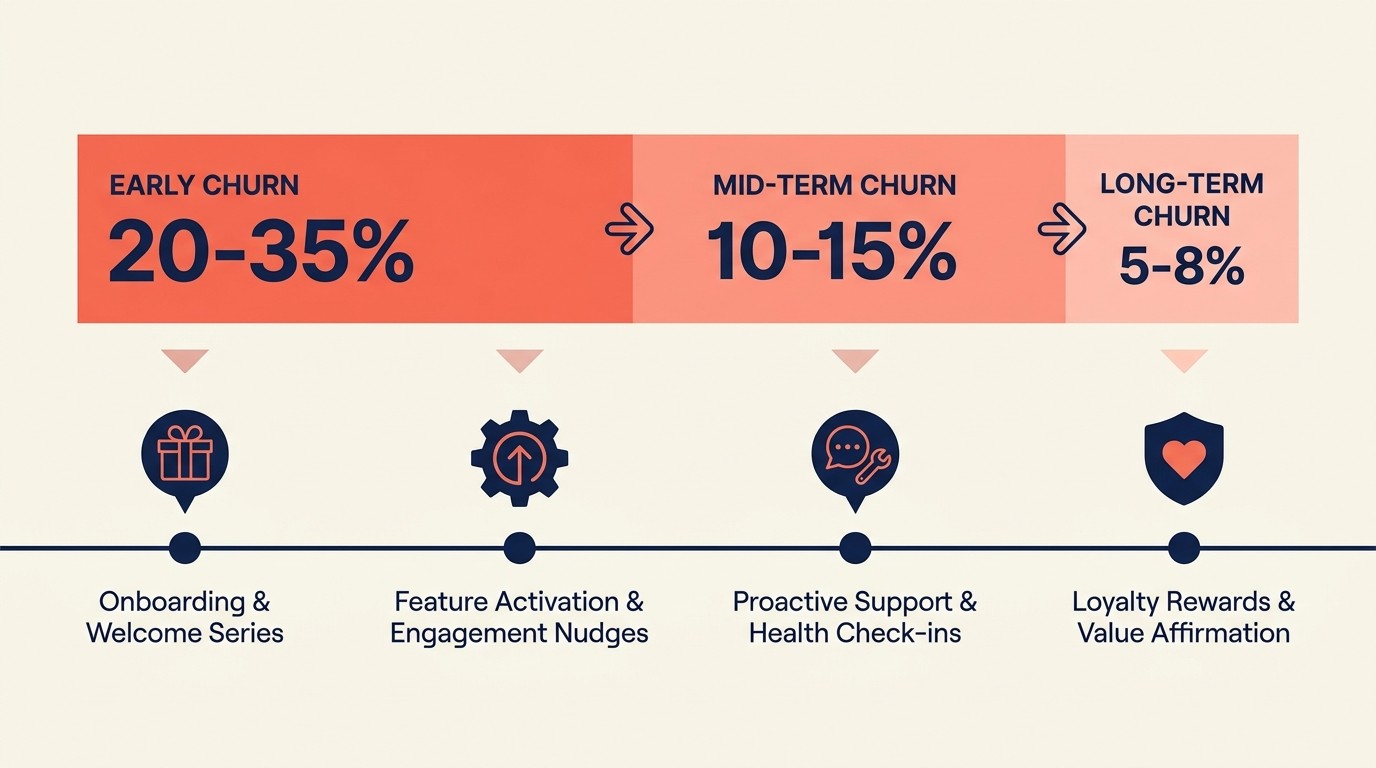 Subscribe and save churn patterns by lifecycle stage with cancellation reasons and retention intervention touchpoints