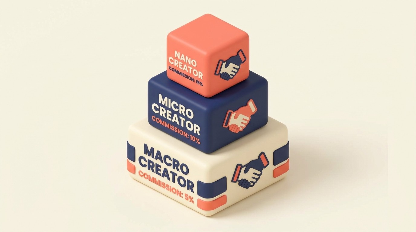 Creator partnership strategy tiers from nano to mega creators with collaboration models and commission structures