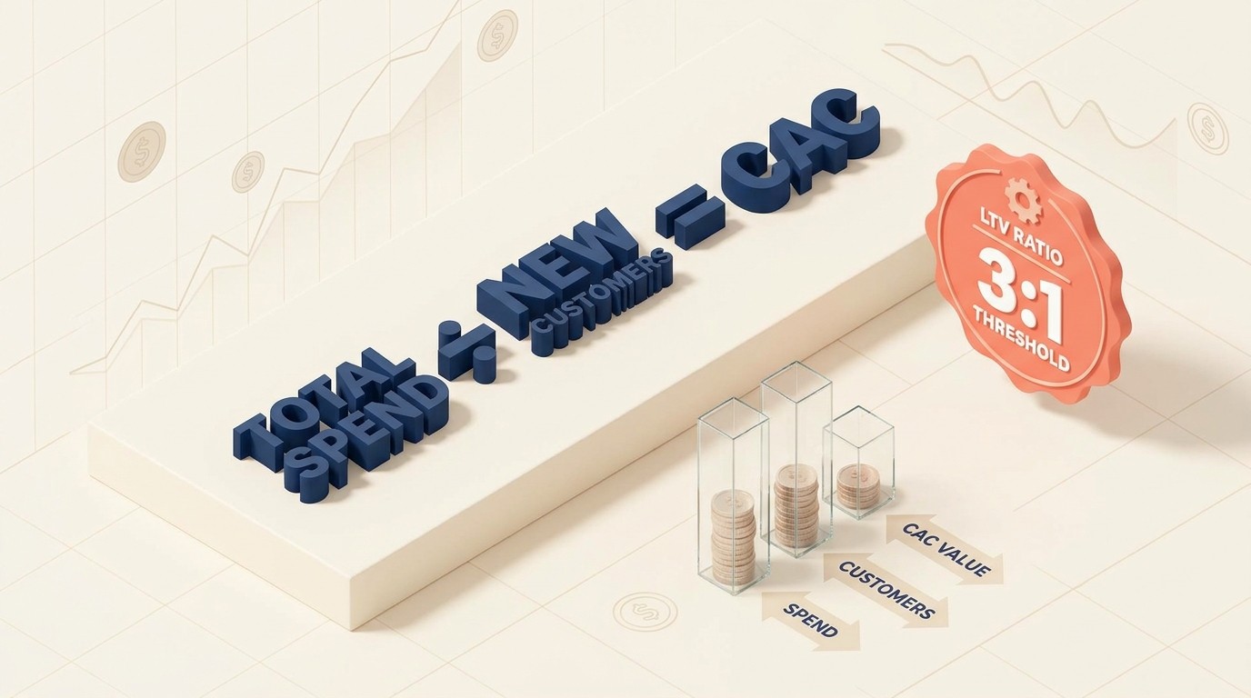 Customer acquisition cost formula with LTV to CAC ratio and payback period breakdown