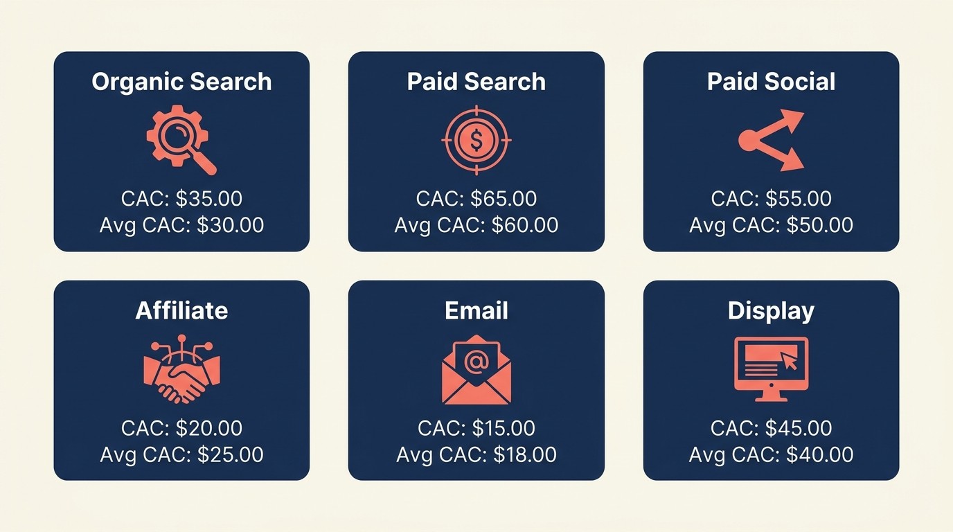 Core e-commerce acquisition channels including SEO, paid search, paid social, affiliates, email, and retargeting