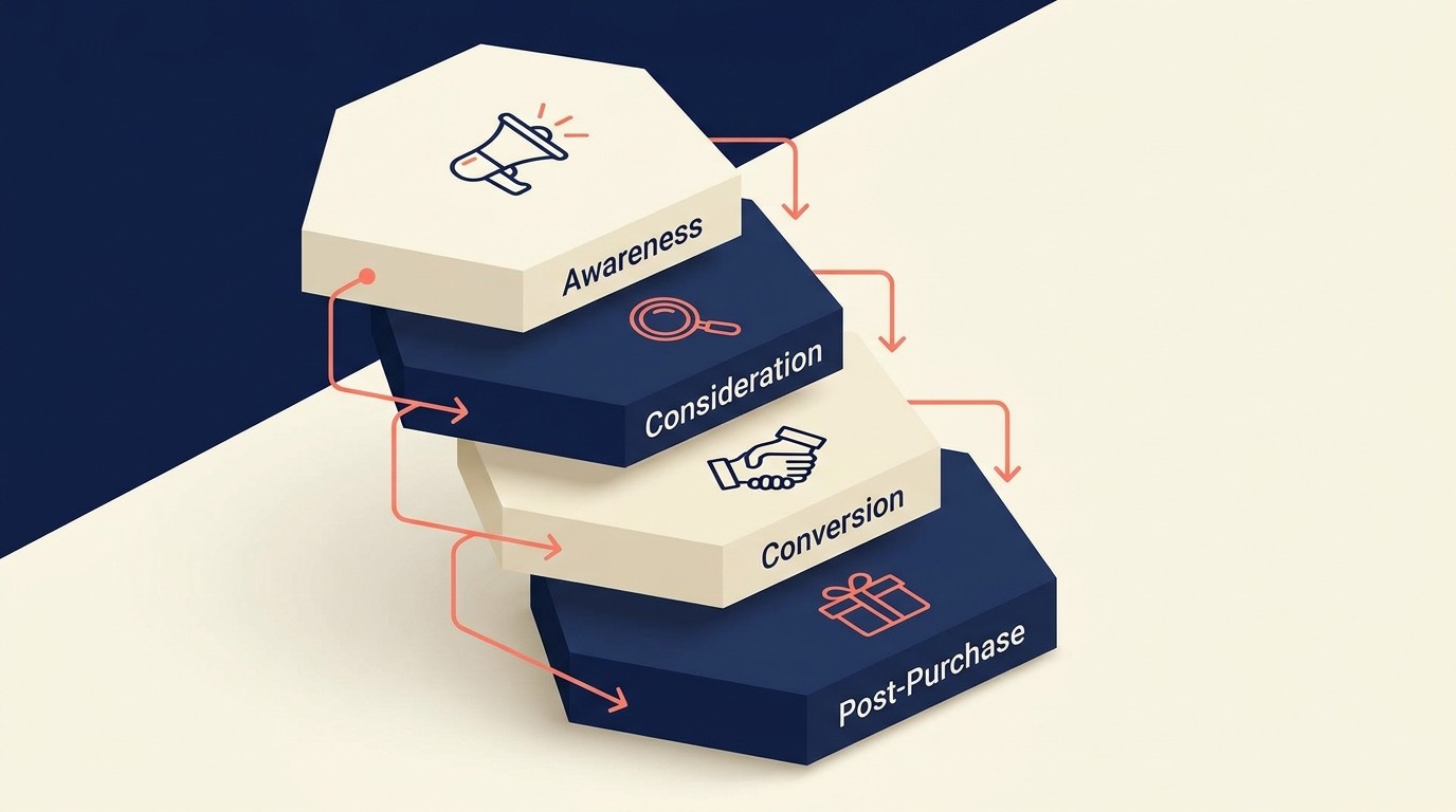 Traffic acquisition funnel mapping awareness, consideration, and conversion channels to customer journey stages