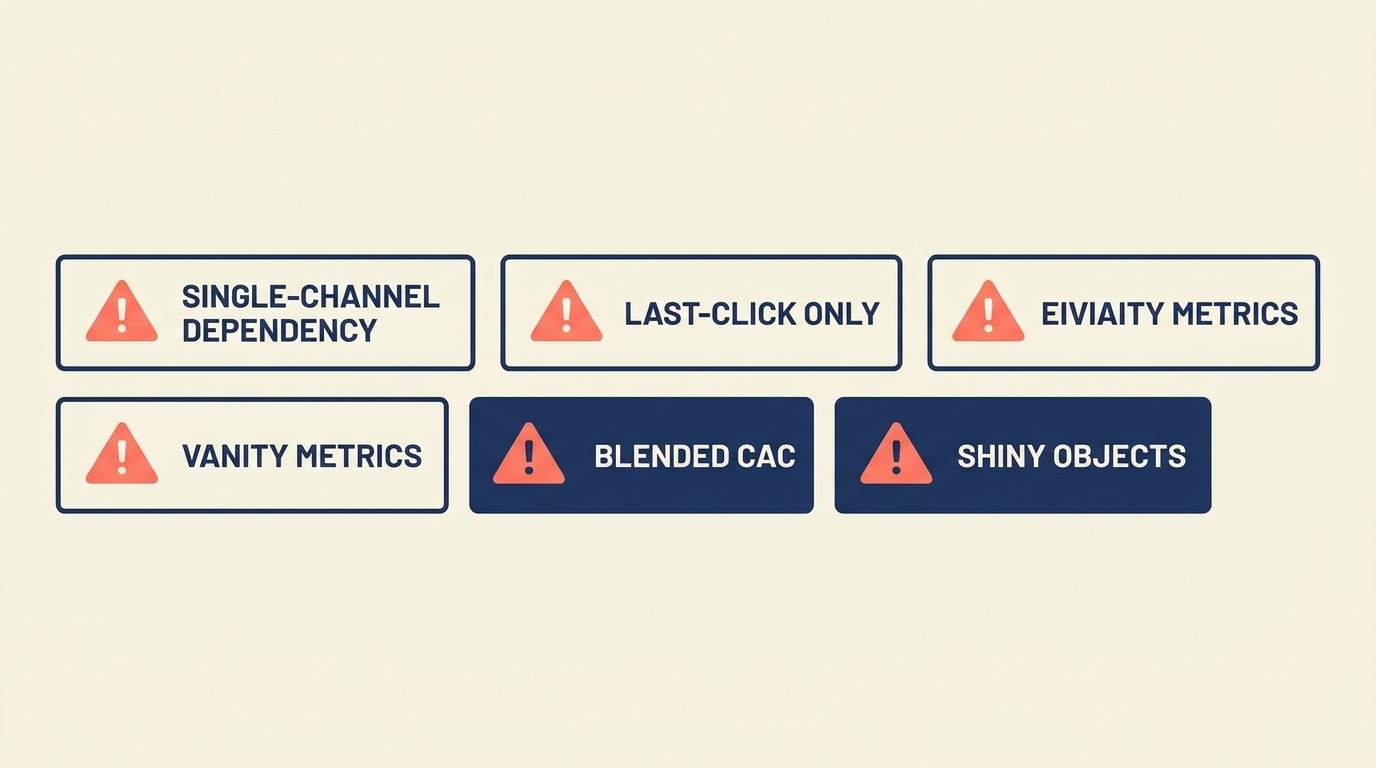 Common traffic acquisition pitfalls including channel over-reliance, last-click bias, and vanity metrics