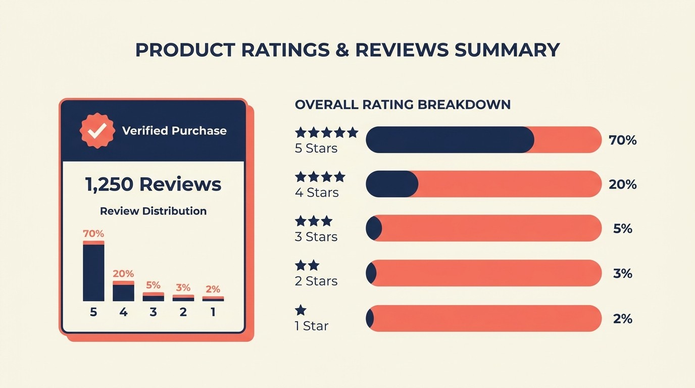 Star rating display with review count, distribution chart, and verified purchase badges on an e-commerce product page