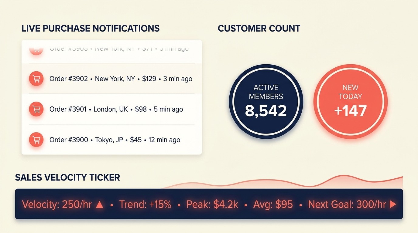Social proof mechanisms including customer count, sales velocity, real-time purchase notifications, and user-generated content driving e-commerce conversions