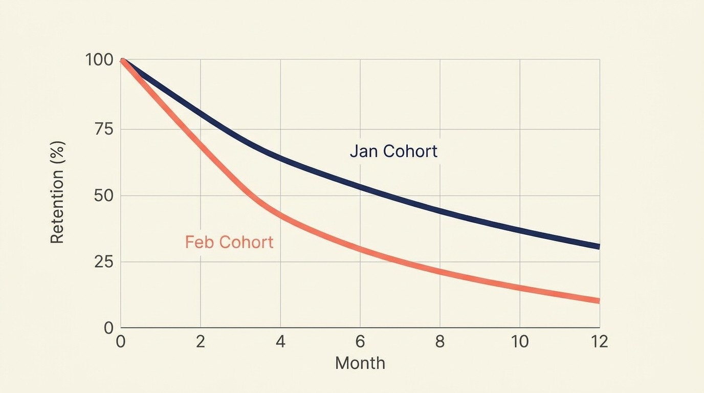 Cohort retention curves showing monthly customer retention rates from acquisition through month twelve