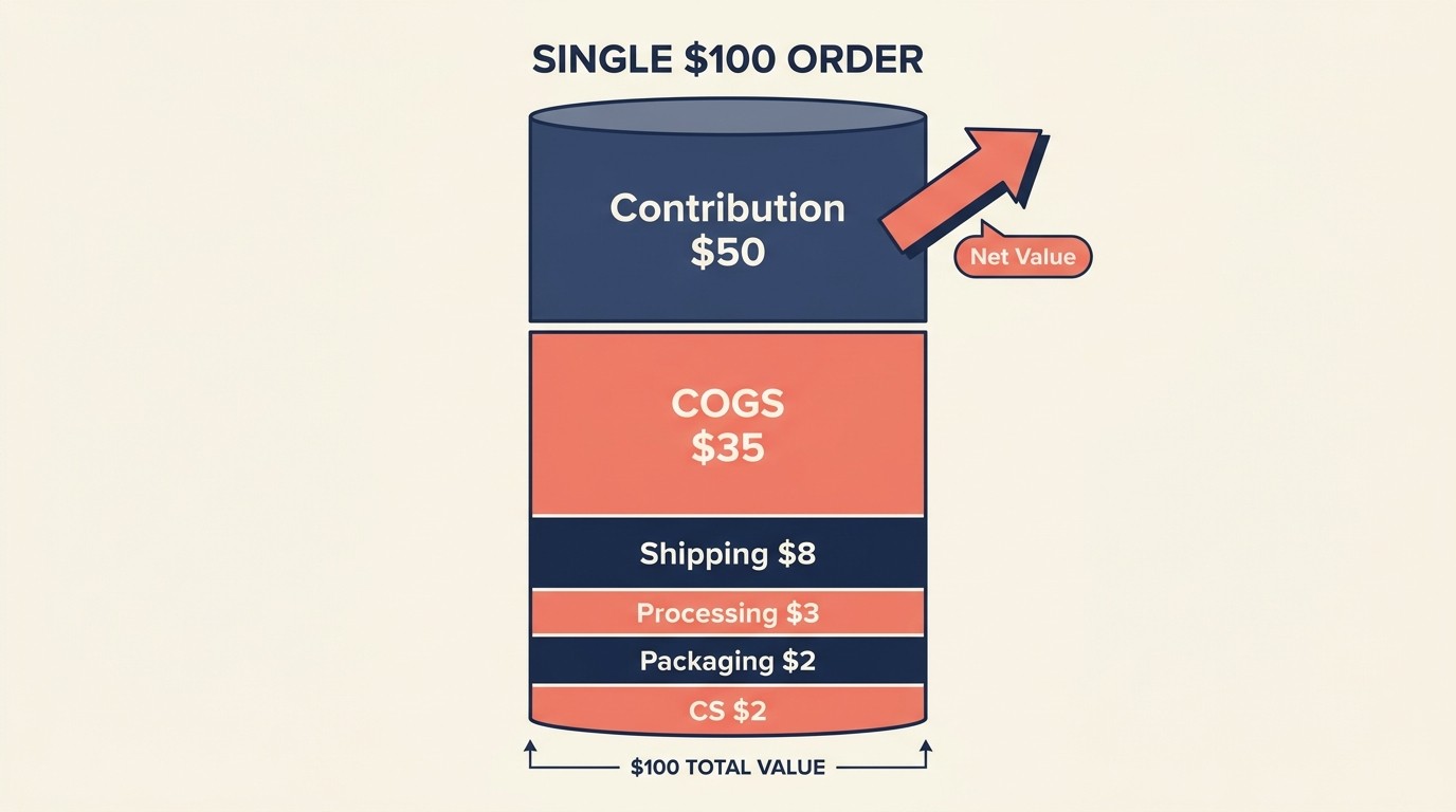 Contribution margin versus gross margin breakdown showing COGS, shipping, processing, and packaging deductions