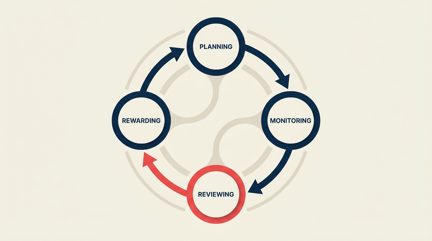 Performance review framework showing the four-stage cycle for manager and employee