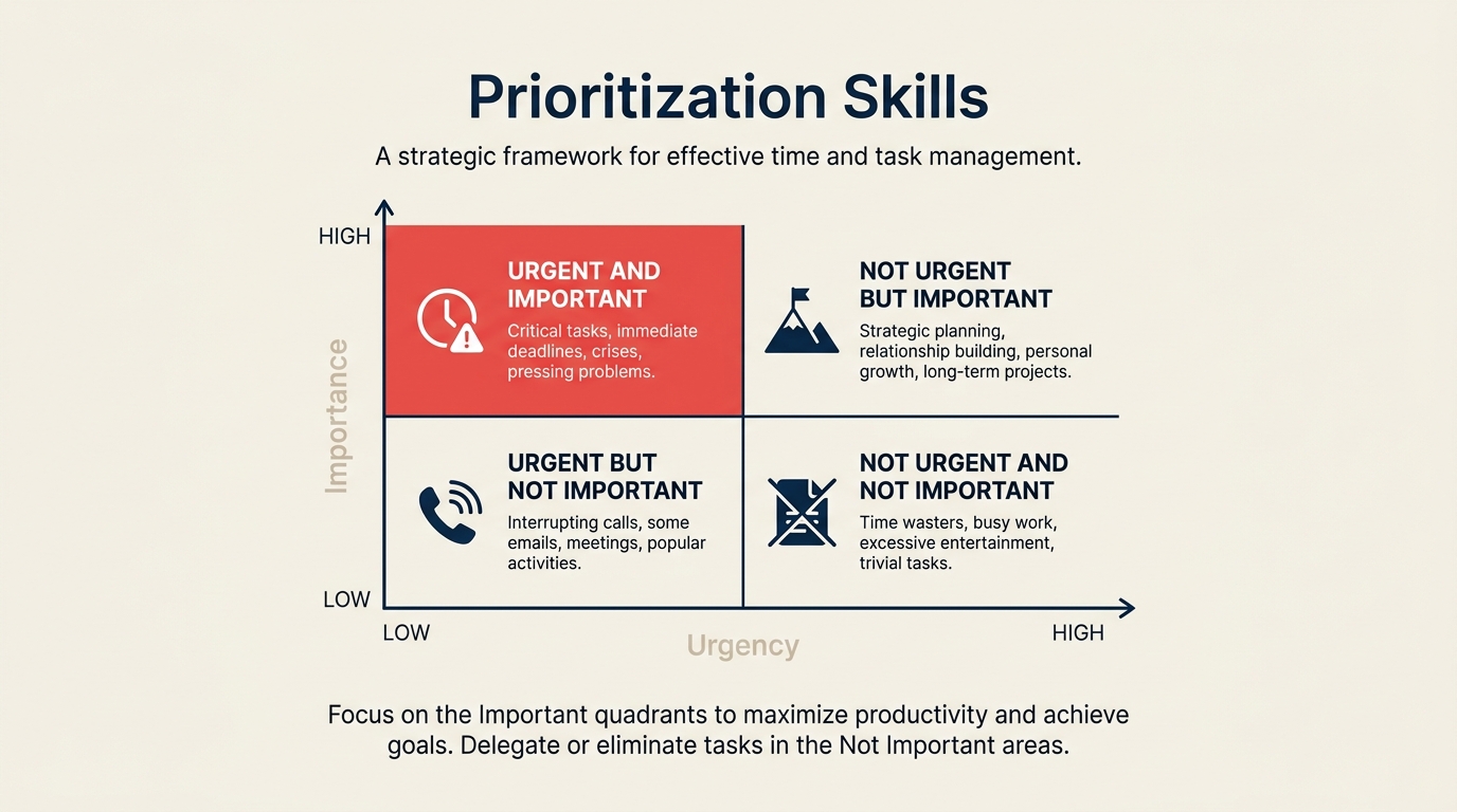 Prioritization skills two-by-two priority grid with urgency and importance axes