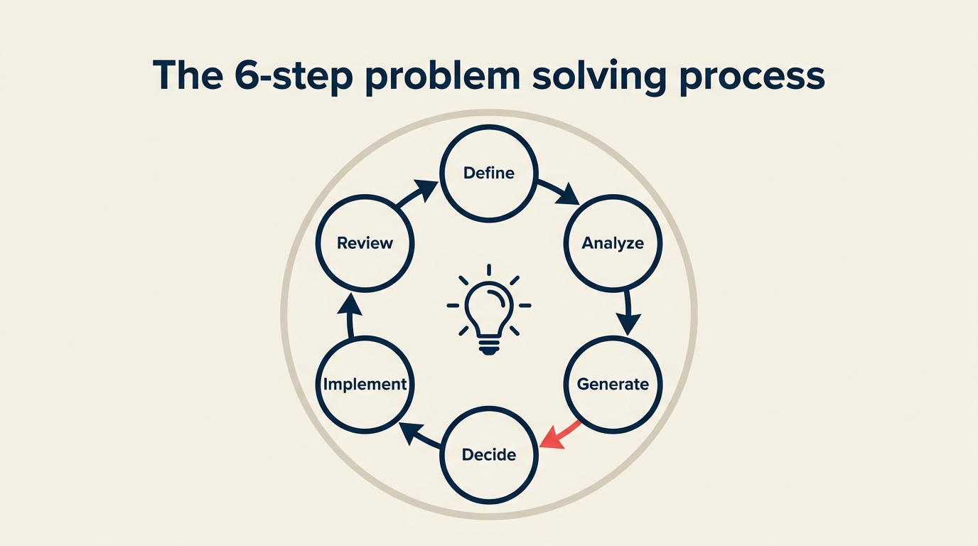 El proceso de resolución de problemas en 6 pasos: definir, analizar, generar, decidir, implementar, revisar