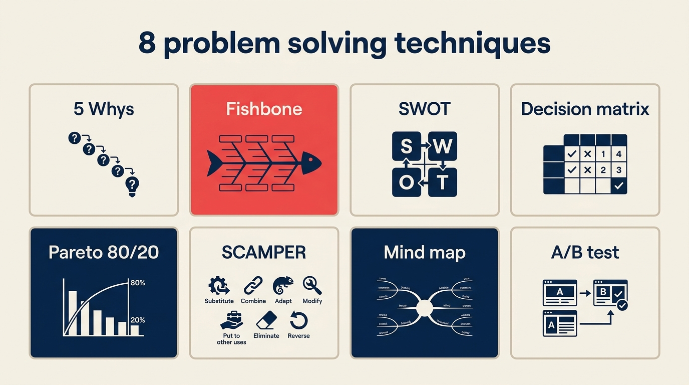Ocho técnicas de resolución de problemas: 5 Porqués, espina de pescado, SWOT, matriz de decisión, Pareto 80/20, SCAMPER, mapa mental, prueba A/B