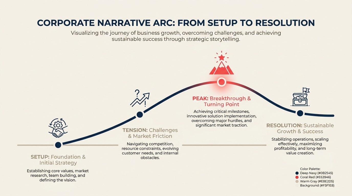 Business storytelling narrative arc rising through setup, tension, and resolution