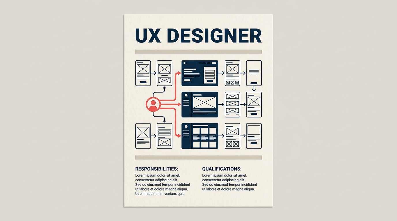 UX designer job description template with wireframe screens and role overview card