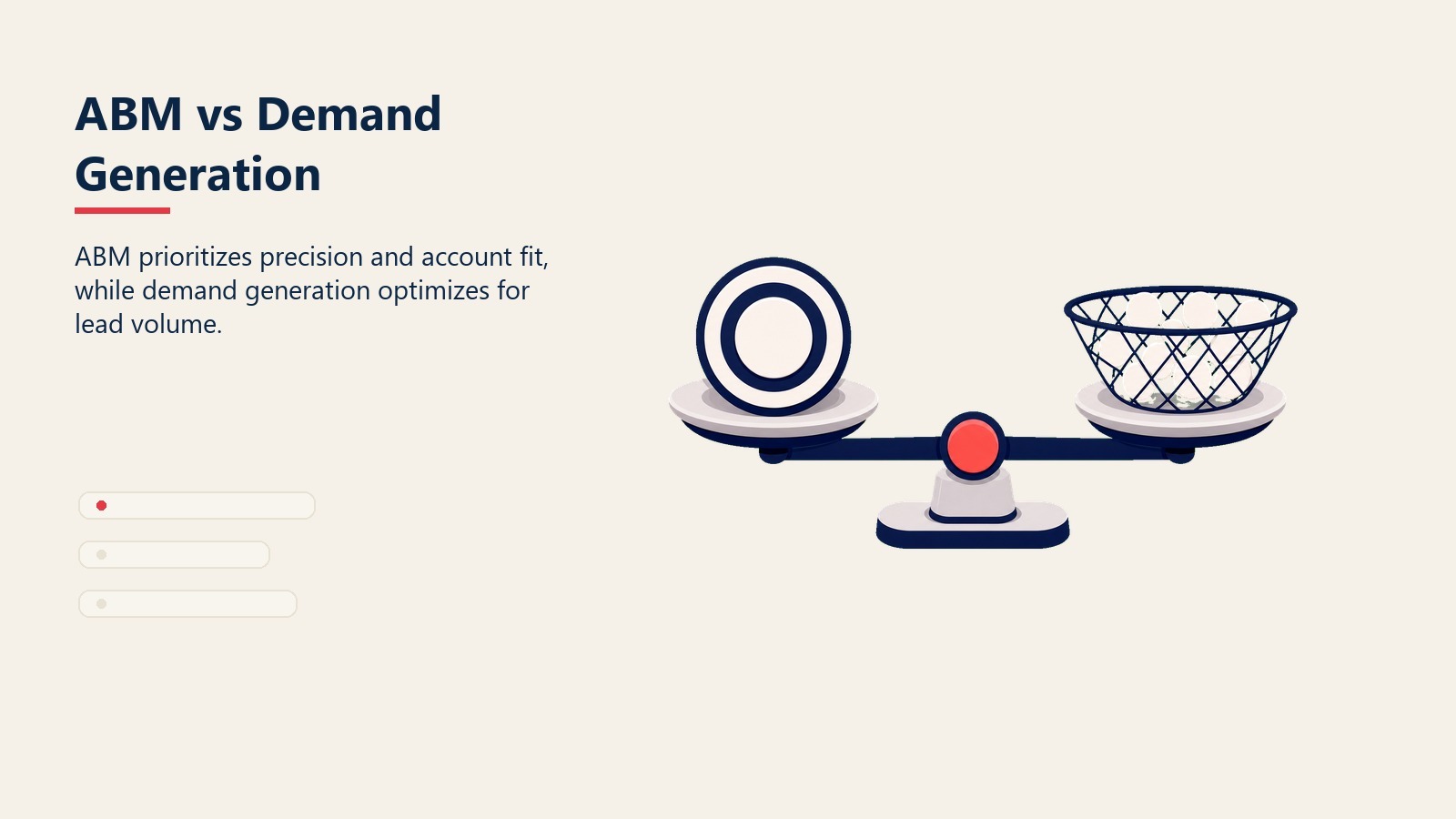 ABM vs Demand Generation visual showing a scale comparing focused account target and broad lead net